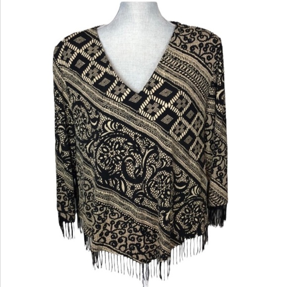 VTG R&M Richards Tan & Black Beaded Fringe V-Neck - Picture 1 of 8